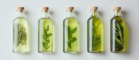 Five elegant glass bottles filled with infused herbal oils on a light gray background, showcasing vibrant green herbs within each bottle.