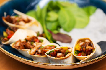 Chinese rolls with duck and vegetables in a tortilla, Peking duck appetizer. Selective focus.