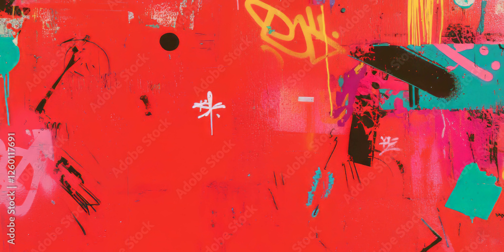Aufkleber bright red wall texture displaying vibrant graffiti and rough grunge elements in an urban setting