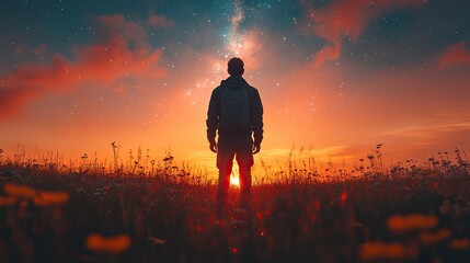 Fototapeta premium facing my faith silhouette of man with starry sky at sunset