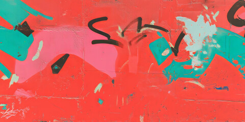 Bright red wall adorned with vibrant graffiti and a rough grunge texture in an urban setting