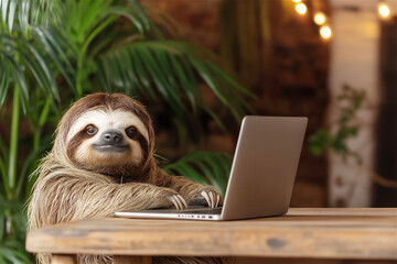 A sloth leaning over a wooden desk with a laptop, looking tired but determined. A humorous representation of work-life balance and slow productivity.