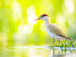 Fototapeta premium A striking egret stands in shallow water, its delicate plumage glowing under warm sunlight. The vibrant yellow-green background adds a dreamy, ethereal atmosphere.