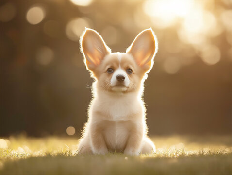 A white corgi puppy sitting gracefully in a sunlit field, its ears perked up in curiosity. A heartwarming moment of nature and pet companionship.