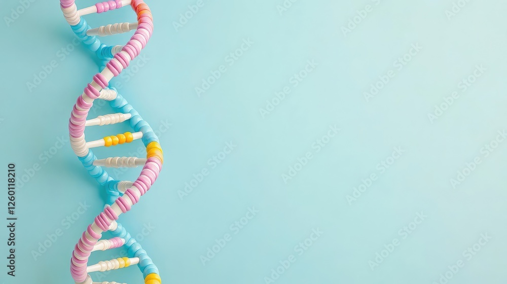 Poster a dna double helix structure against a light blue background with ample space for adding text or bra