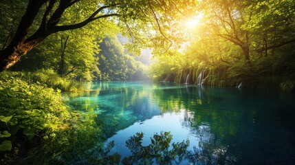 Sunlit lake, lush forest, waterfall, tranquility, nature scene, travel