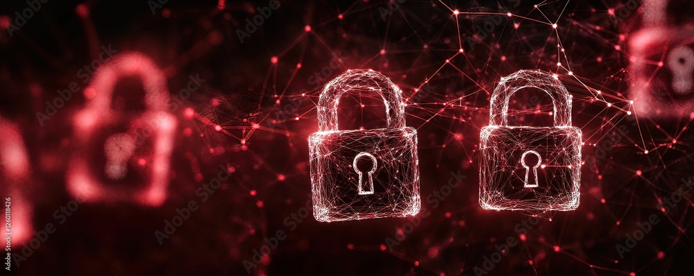 Poster glowing locks representing privacy in abstract visualization digital realm conceptual enigmatic envi