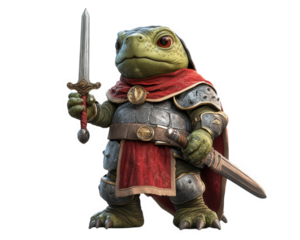 turtle dressed as knight, holding tiny sword, exudes bravery and charm. This whimsical character showcases blend of fantasy and adventure, perfect for storytelling