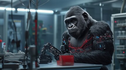 Fototapeta premium Robotic Gorilla With Neural Implants Engaged in Technological Experimentation