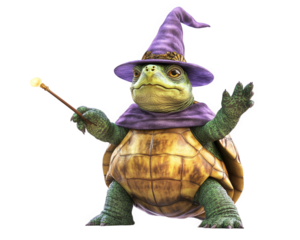 turtle wearing wizard hat, casting spell with wand, exudes magical charm. This whimsical creature combines fantasy and nature, captivating imagination