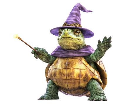 turtle wearing wizard hat, casting spell with wand, exudes magical charm. This whimsical creature combines fantasy and nature, captivating imagination