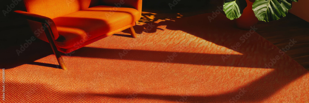 Poster Dense burnt orange textured loop carpet with geometric pattern and subtle shadows in a bright room