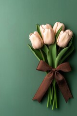 Light pink tulips tied with a dark red ribbon create a charming bouquet on a pastel green background with ample copyspace