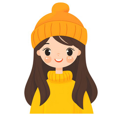 Cute Cartoon Girl Wearing Yellow Winter Hat and Sweater

