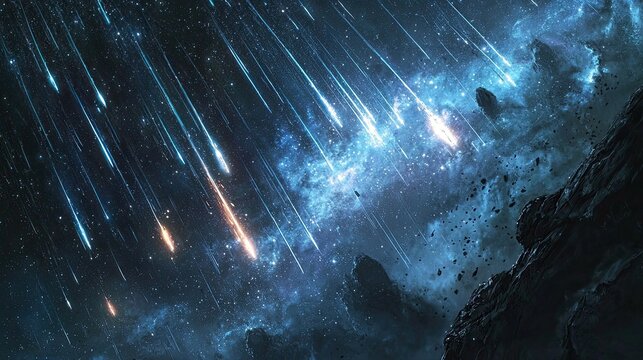 Meteor shower starry night sky. Silhouettes of people watching the cosmic event Milky Way visible in the background. Astronomy enthusiasts observing falling stars in a remote location. Generative AI.