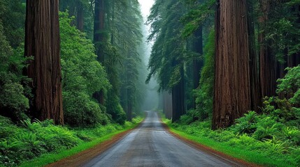 A foggy forest road disappearing into the mist, with towering trees on either side creating an atmospheric depth.