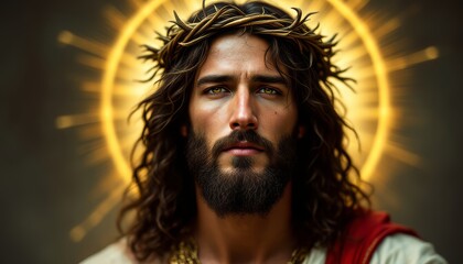 A Dramatic Close-Up Portrait of a Religious Figure with Crown of Thorns