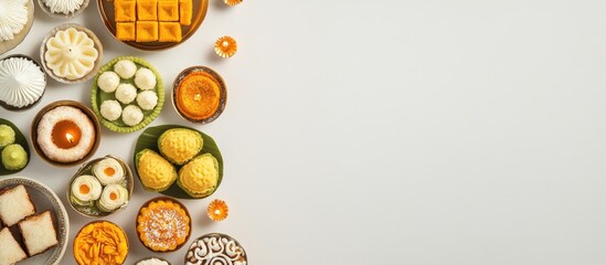 Vibrant Diwali sweets beautifully arranged in bowls with glowing diyas on a white background creating space for festive text and celebration essence