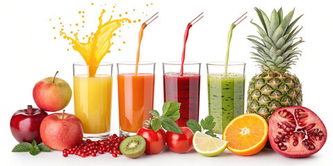 Splash of freshly made fruit juices in bright colors, featuring a mix of citrus, apple, and pomegranate flavors for a healthy lifestyle