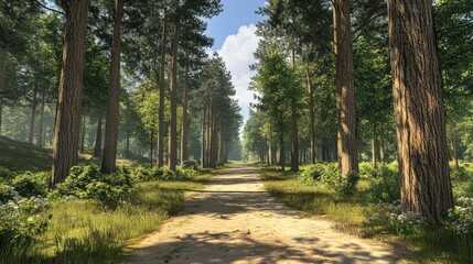 Fototapeta premium A forest path with tall trees lining each side, leading to a wide open space for text or design.