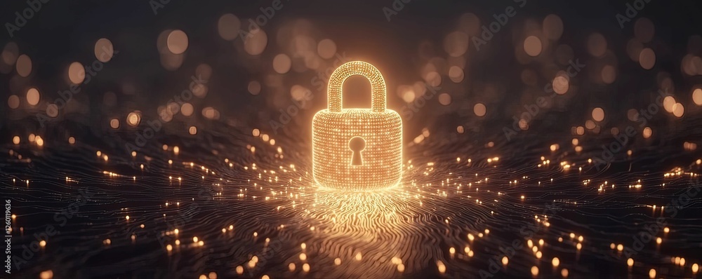 Poster artistic glowing padlock surrounded by intricate digital effects enigmatic environment conceptual vi