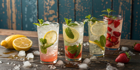 Refreshing summer drinks with citrus and strawberry slices in tall glasses, surrounded by ice cubes on a rustic wooden table for a cool aesthetic