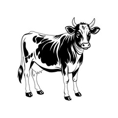 A black and white vector linocut-stile illustration featuring a cow