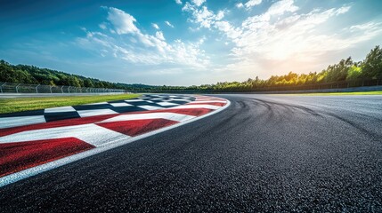 A freshly paved racetrack with checkered markings, curving into the distance, symbolizing speed and competition.