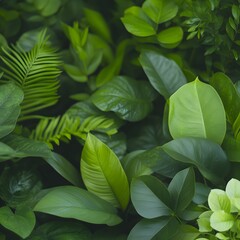 Lush green tropical foliage background, vibrant leaves, garden texture, nature wallpaper