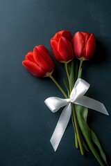 Burgundy tulips wrapped with a champagne ribbon against a dark teal background for elegant floral arrangements