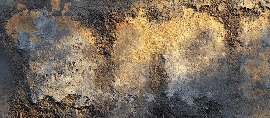 Abstract textured wall with shades of gold, gray, and black displaying rough surfaces and layered patterns ideal for backgrounds or artistic themes.