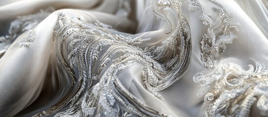 Delicate shimmering silk fabric in soft white and cream hues with intricate silver embroidery flowing gracefully across the image.