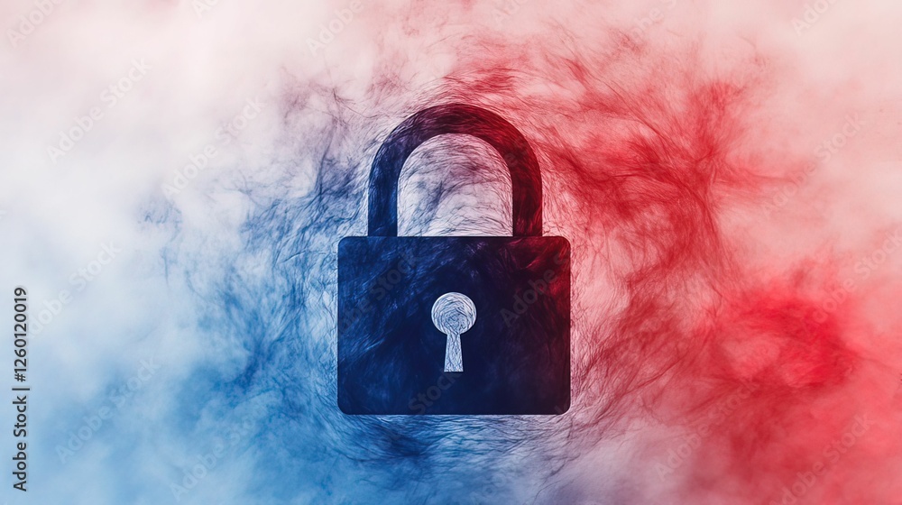 Poster artistic representation of a lock enveloped in compressed red smoke digital artwork abstract environ