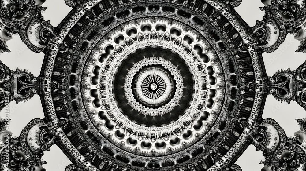 Poster intricate monochrome ceiling design showing circular symmetric patterns