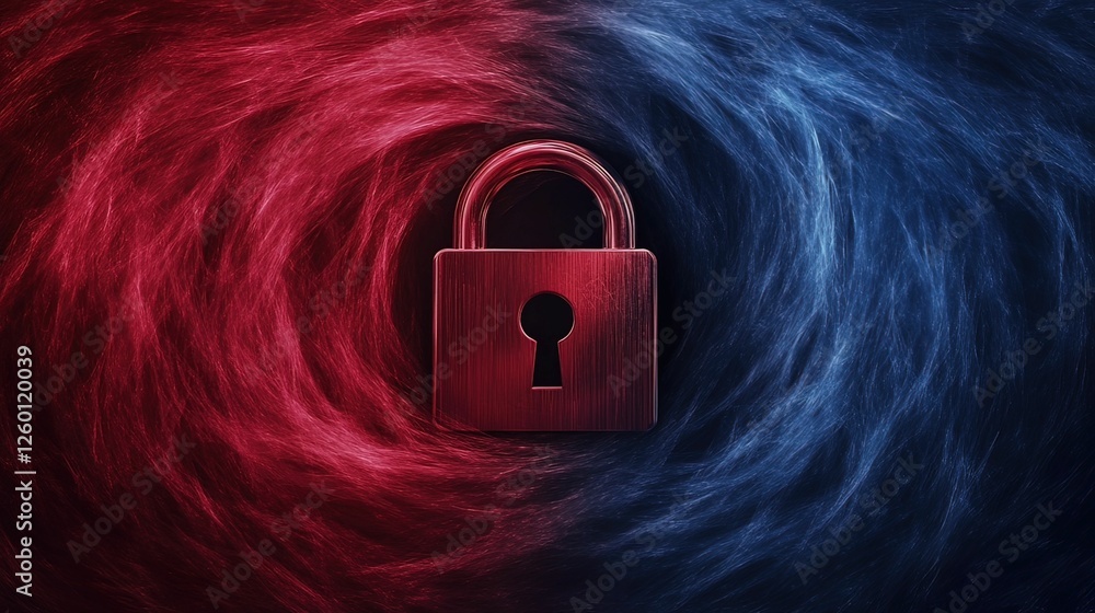 Poster artistic representation of a padlock surrounded by red and blue compressed scale digital abstract co