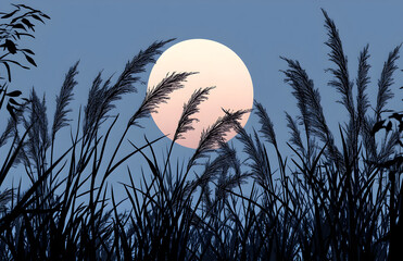 Full Moon Rising Behind Silhouetted Tall Grass at Dusk

