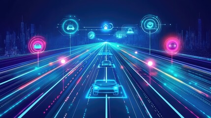 A futuristic highway with illuminated smart road signs and sleek modern design, symbolizing technology and progress.