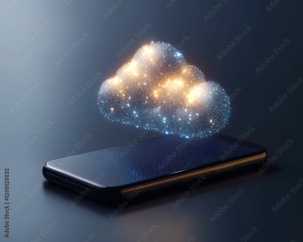 Poster smartphone cloud sync visualization digital workspace graphic design modern tech close-up view innov