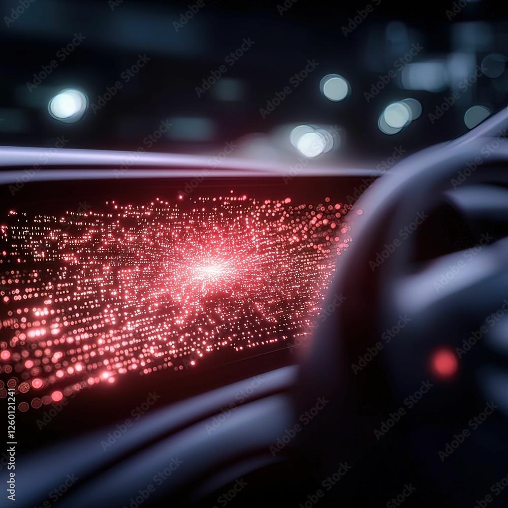 Poster connected car system hacked glowing red code display urban environment digital security concept