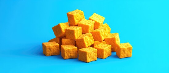 Vibrant yellow crispy tofu cubes stacked against a bright blue background with clean lines and high contrast for a striking pixel art effect