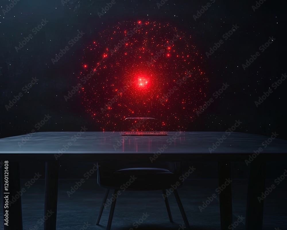 Poster red glowing devices highlighting co-working hub's compressed scale futuristic workspace digital envi