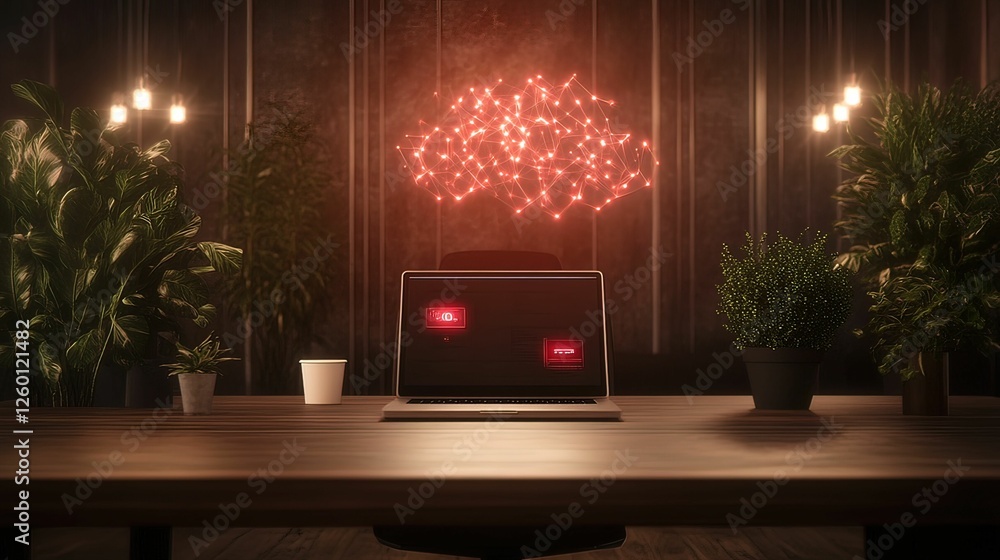 Poster holographic cloud notifications enhance collaboration in a modern coworking space futuristic office 