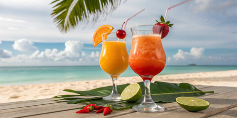  Refreshing orange and red fruit cocktails in tall glasses with straws, placed on a wooden deck with ocean waves and palm trees in the background for a tropical getaway