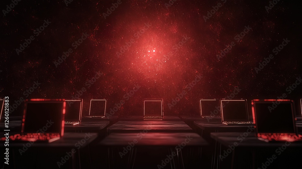 Poster malware detection in a dark smart classroom glowing red educational technology digital high-tech env