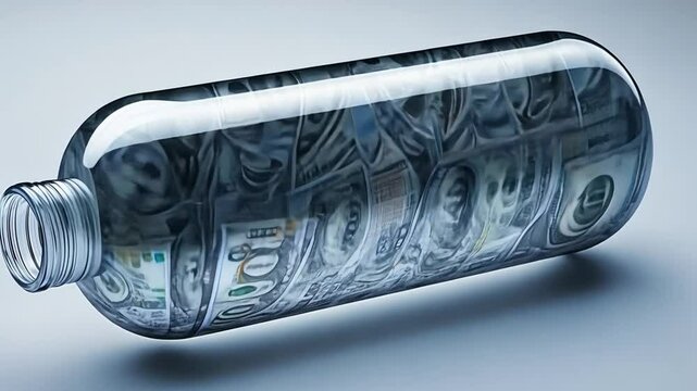 Money in a Bottle: Captivating shot of US dollar bills tightly packed inside a clear bottle, symbolizing savings, investment, wealth, and financial security
