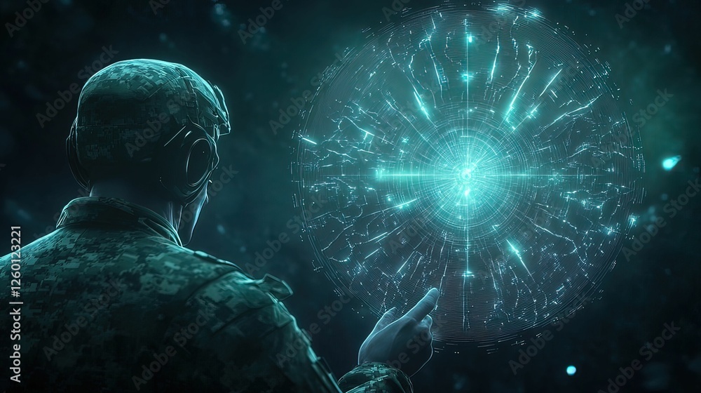 Poster futuristic military general consulting ai strategy high-tech command center digital sci-fi environme