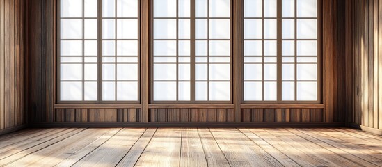 Stylish wooden floored interior with large windows and empty poster space creating a chic minimalistic aesthetic in soft neutral tones