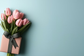 Soft blush-pink tulips beautifully arranged with a pine-green ribbon on a muted sky-blue background
