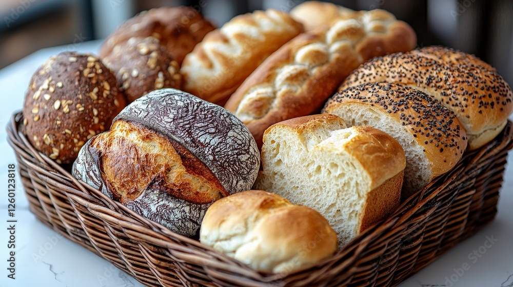 Poster a delightful array of freshly baked breads captured in a basket, representing the joy and expertise 