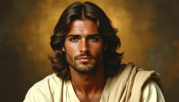 A serene portrait of a man with thoughtful gaze and flowing hair